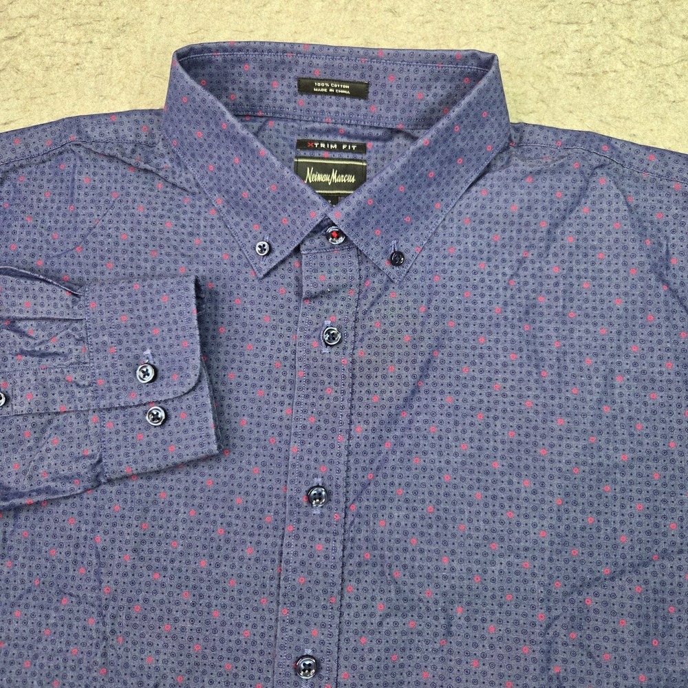 Neiman Marcus Trim Fit Shirt Men 17 34/35 Blue Geometric Long Sleeve Button Down